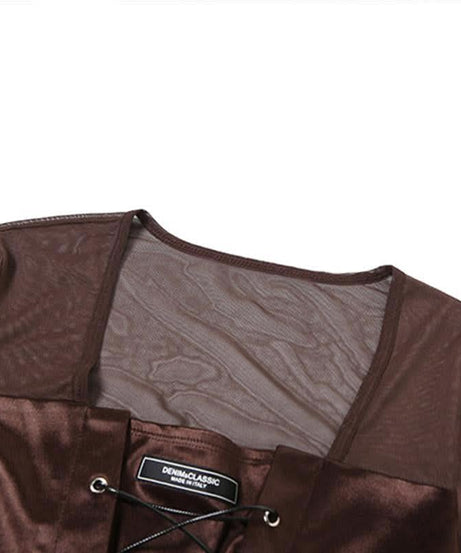 Autumn Allure: Espresso Mesh Corset Top - Edgy Lace-Up Long Sleeve for Fall Nights