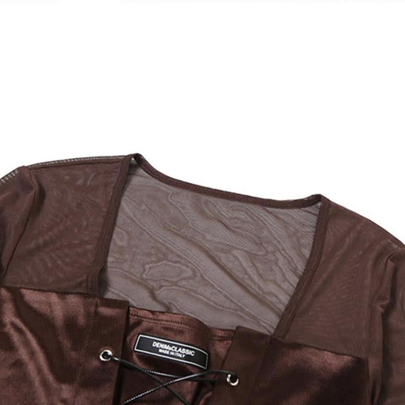 Autumn Allure: Espresso Mesh Corset Top - Edgy Lace-Up Long Sleeve for Fall Nights