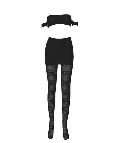 Sultry Black Lace Off-Shoulder Crop Top & Mini Skirt Set - Perfect for Fall Nights & Halloween