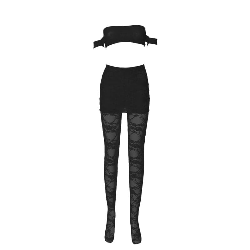 Sultry Black Lace Off-Shoulder Crop Top & Mini Skirt Set - Perfect for Fall Nights & Halloween
