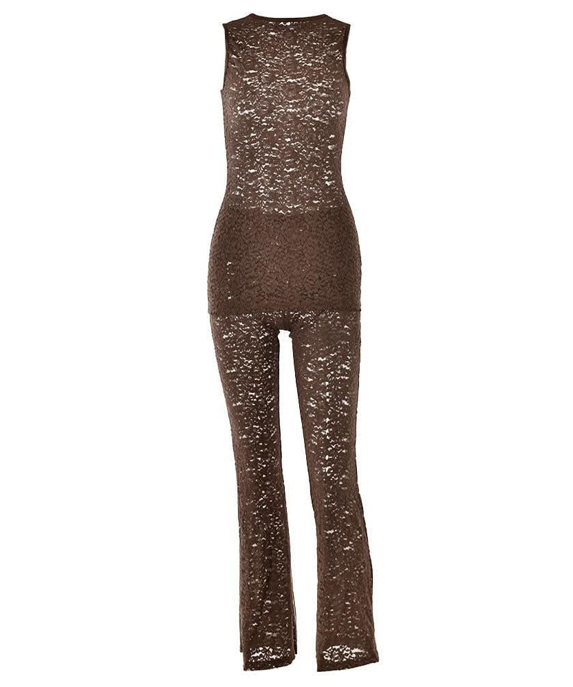 Effortless Elegance: Black Lace Sleeveless Top & Flared Pant Set for Fall & Holiday Glam