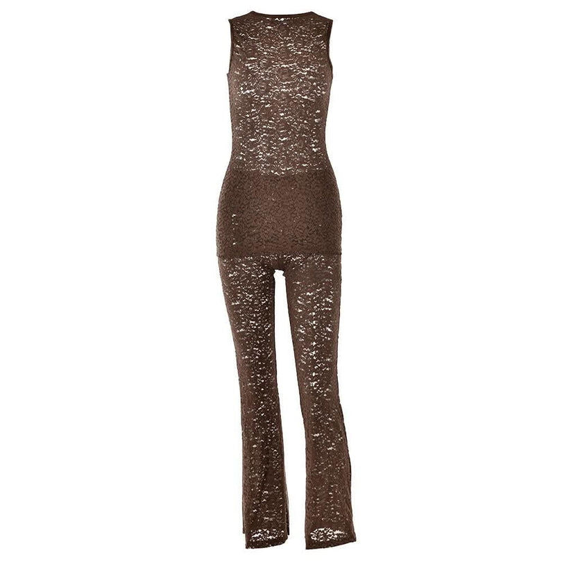Effortless Elegance: Black Lace Sleeveless Top & Flared Pant Set for Fall & Holiday Glam