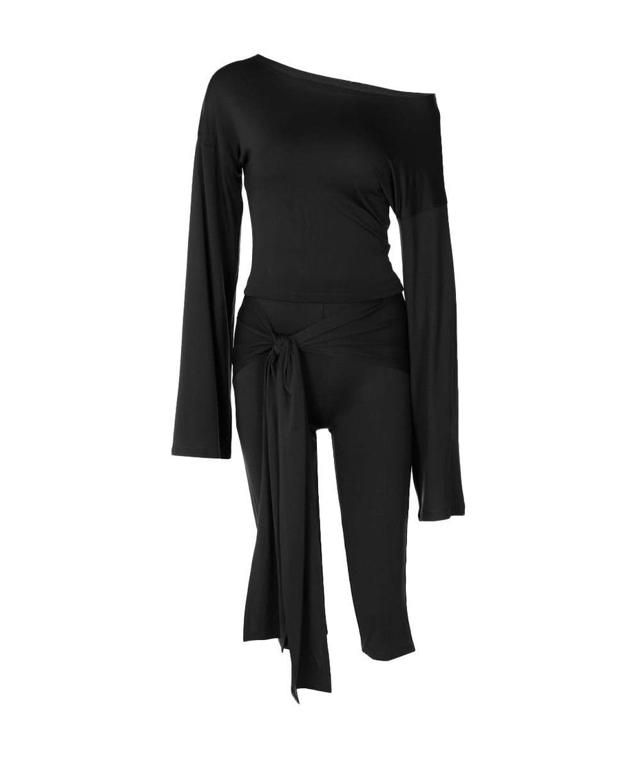 Fall Chic: Off-Shoulder Tie-Waist Luxe Brown Matching Set for Women