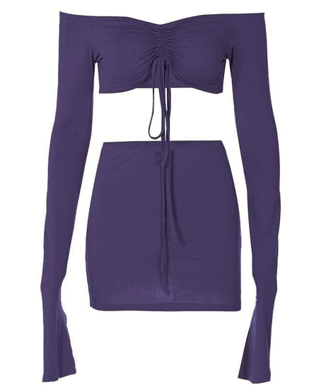 Fall Night Out Ready: Chic Off-Shoulder Cut-Out Mini Skirt Set with Drawstring Detail