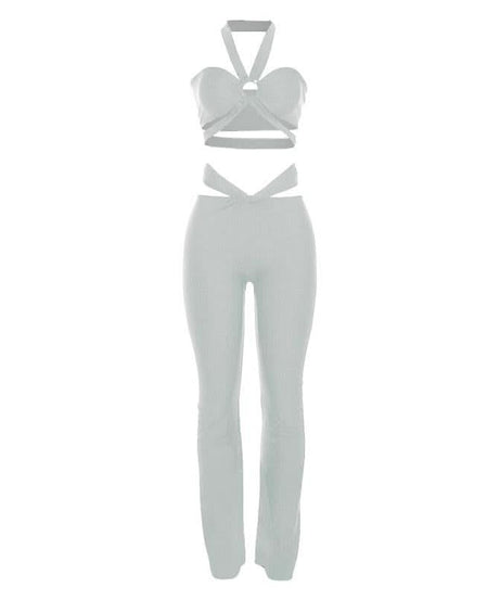 Y2K Black Strappy O-Ring Cutout Halter Top & Flare Pant Set - Perfect for Halloween & Fall Parties