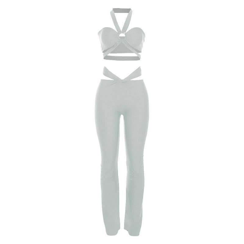 Y2K Black Strappy O-Ring Cutout Halter Top & Flare Pant Set - Perfect for Halloween & Fall Parties