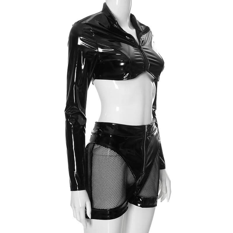 Sultry Wet Look Patent Leather Cropped Set - Edgy Clubwear & Halloween Ready