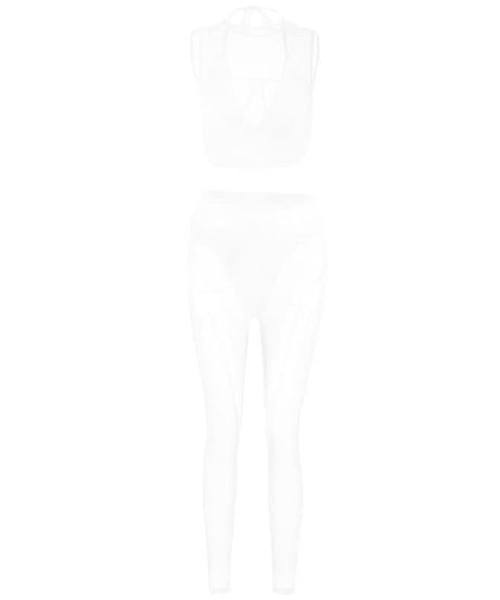 Sultry Sheer Mesh Halter Crop Top & High-Waist Leggings Set – Your Ultimate Halloween, Club & Festival Look