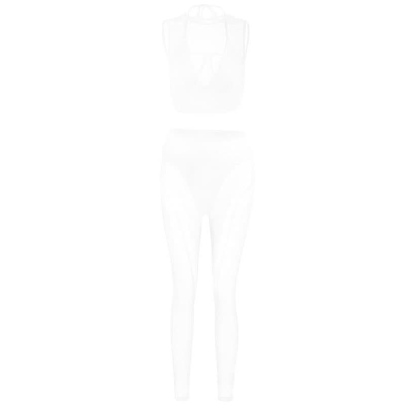 Sultry Sheer Mesh Halter Crop Top & High-Waist Leggings Set – Your Ultimate Halloween, Club & Festival Look
