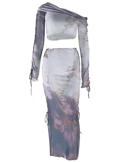 Ethereal Cloud Print Mesh Two-Piece Skirt Set - One-Shoulder Crop Top & Ruched Midi for Fall Nights