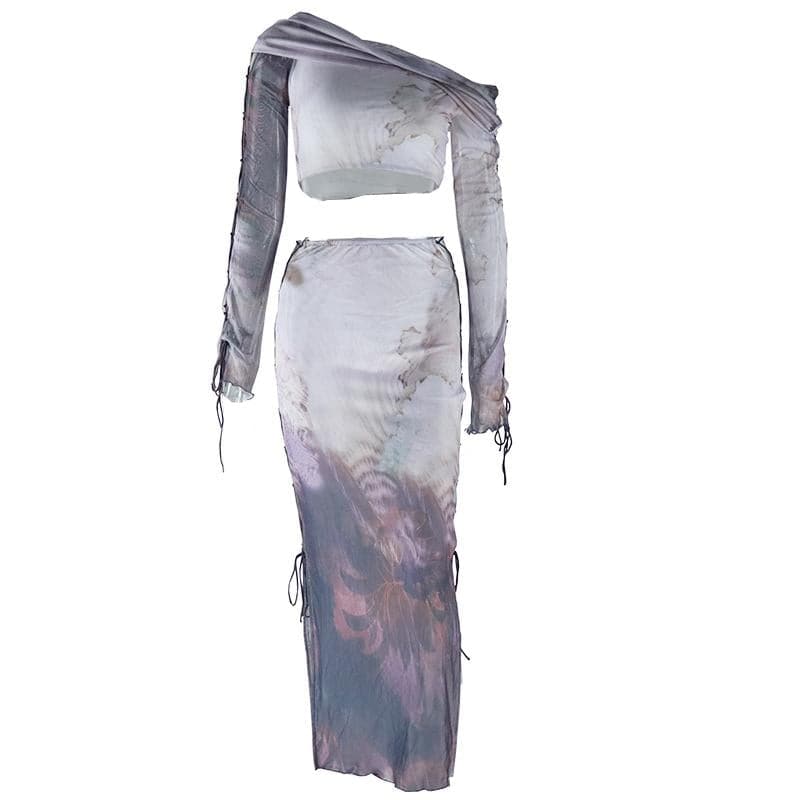 Ethereal Cloud Print Mesh Two-Piece Skirt Set - One-Shoulder Crop Top & Ruched Midi for Fall Nights