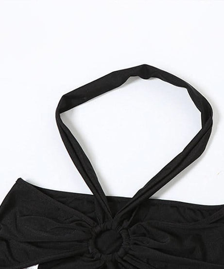 Y2K Black Strappy O-Ring Cutout Halter Top & Flare Pant Set - Perfect for Halloween & Fall Parties