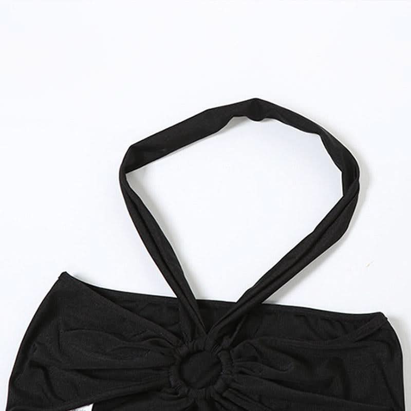 Y2K Black Strappy O-Ring Cutout Halter Top & Flare Pant Set - Perfect for Halloween & Fall Parties