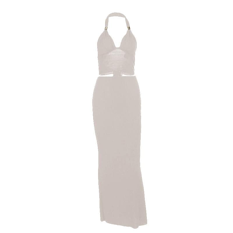 Effortless Elegance: Halter V-Neck Cut-Out Maxi Skirt Set - Your Go-To for Fall Evenings & Holiday Glam