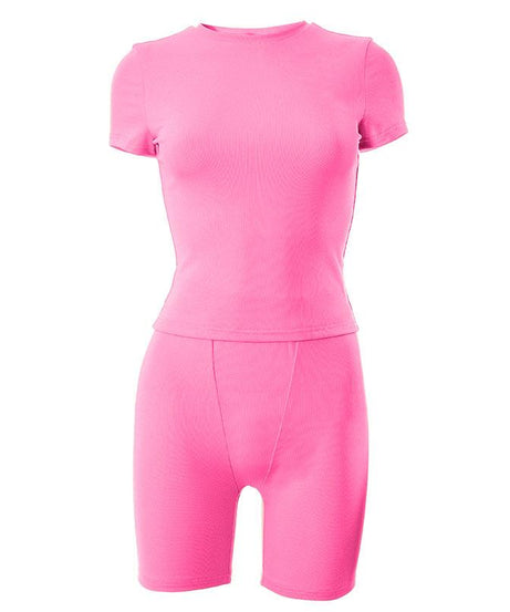 Cozy Fall Vibes: Women's Ribbed Knit Short Sleeve Top & Biker Shorts Set | Nude Athleisure Lounge Wear