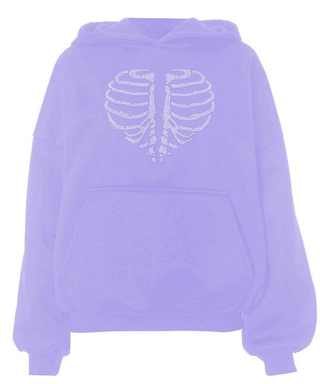 Spooky Chic Rhinestone Rib Cage Heart Hoodie - Cozy Oversized Fall & Halloween Fashion