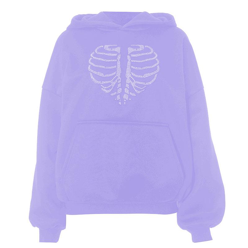 Spooky Chic Rhinestone Rib Cage Heart Hoodie - Cozy Oversized Fall & Halloween Fashion