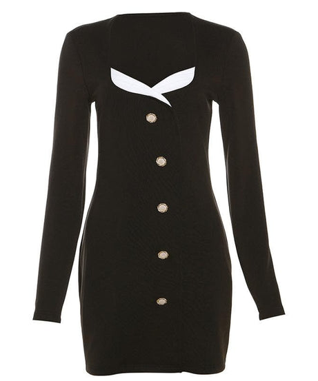 Chic Black Long Sleeve Mini Dress: Contrast Collar & Golden Button Detail - Your Essential Fall Style