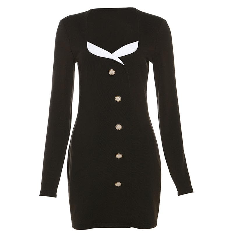 Chic Black Long Sleeve Mini Dress: Contrast Collar & Golden Button Detail - Your Essential Fall Style