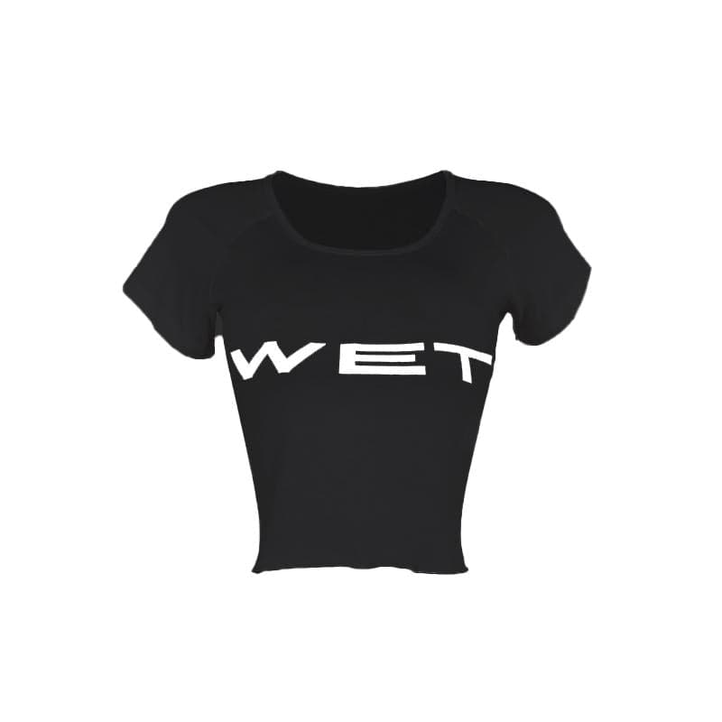 "WET" Statement Crop Top | Y2K Scoop Neck Raglan Tee for Fall & Halloween