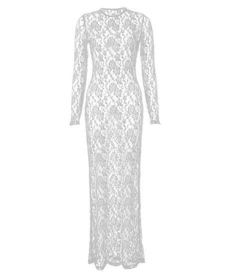 Alluring White Lace Illusion Maxi Dress - Long Sleeve Sheer Bodycon for Fall Nights & Holiday Glam