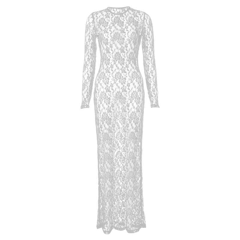Alluring White Lace Illusion Maxi Dress - Long Sleeve Sheer Bodycon for Fall Nights & Holiday Glam