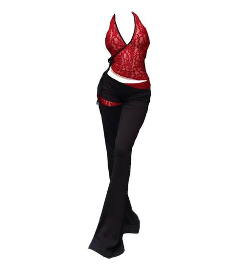 Sultry Red Lace Halter & Low-Rise Flare Pants Set - Your Fall/Holiday Party Essential