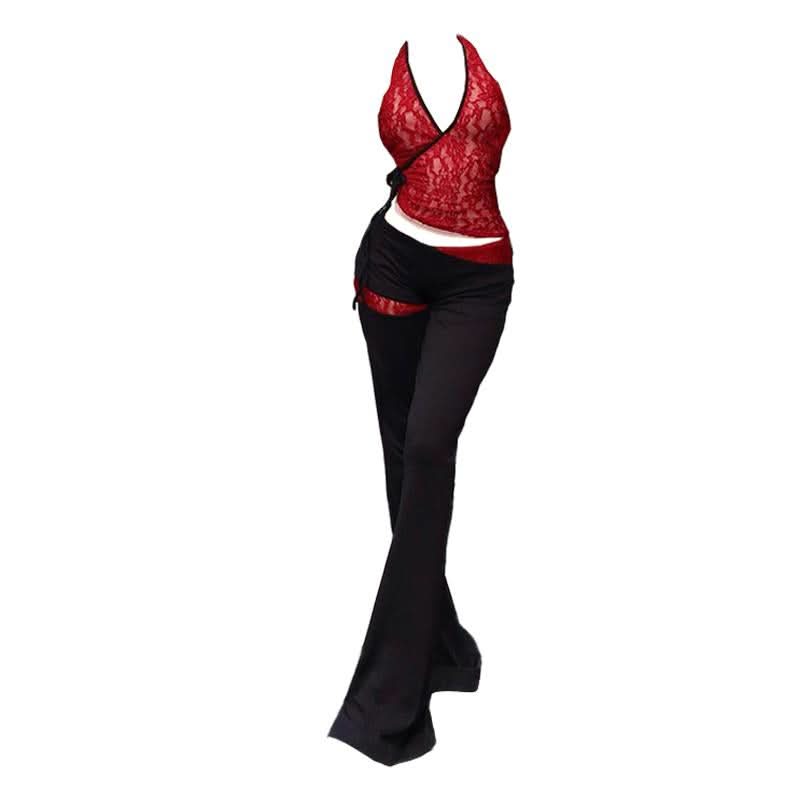 Sultry Red Lace Halter & Low-Rise Flare Pants Set - Your Fall/Holiday Party Essential