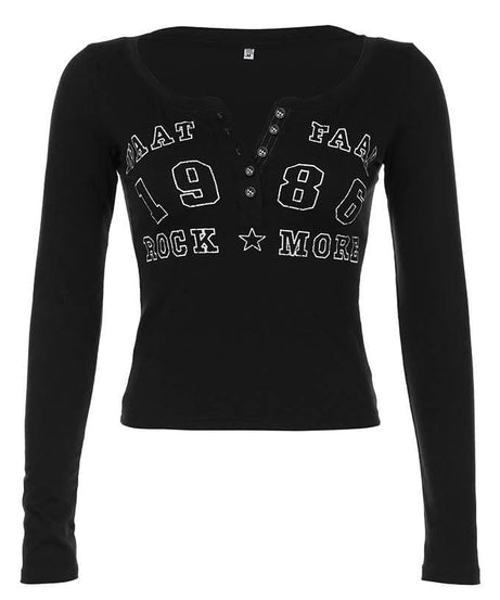 Effortless Fall Vibes: Retro 1986 Graphic Long Sleeve Henley Top for Women