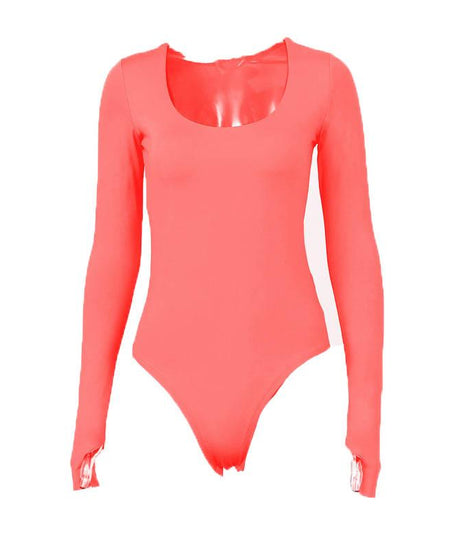 Vibrant Orange Long Sleeve U-Neck Bodysuit with Thumbholes – Seamless Fall & Halloween Essential