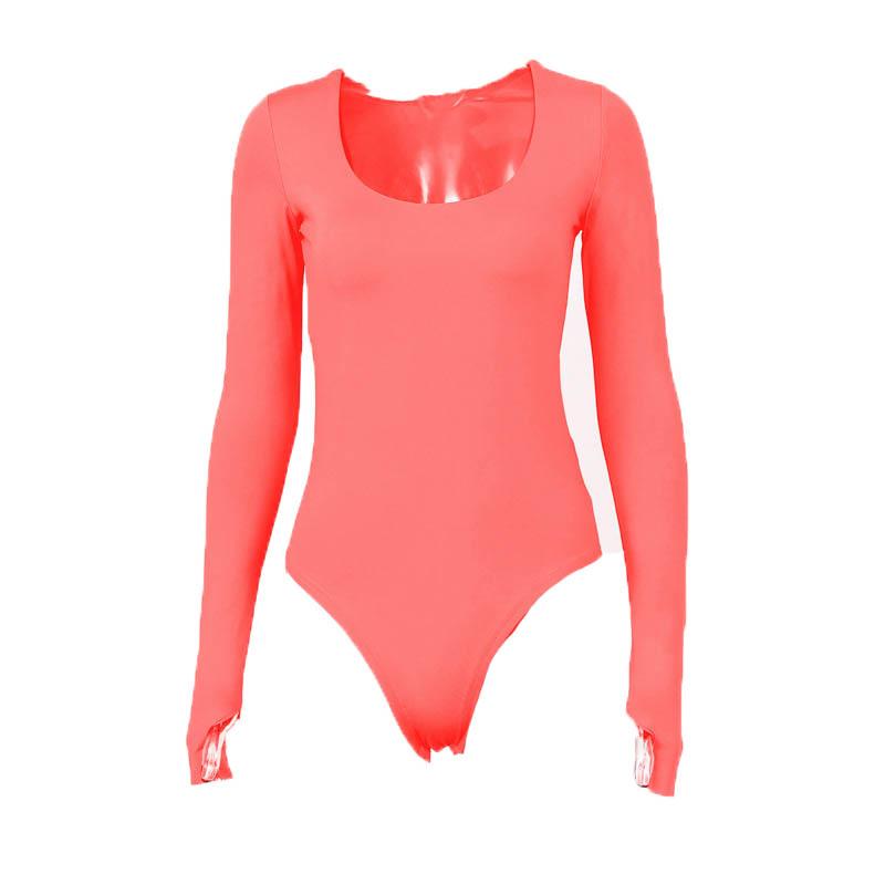 Vibrant Orange Long Sleeve U-Neck Bodysuit with Thumbholes – Seamless Fall & Halloween Essential
