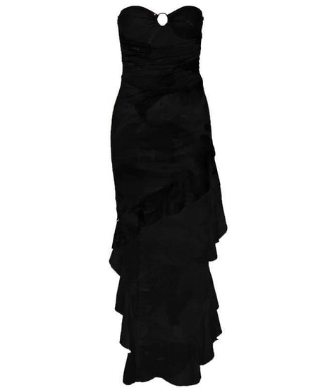 Autumn Bloom Strapless O-Ring Ruffle Midi Dress - Vibrant Party & Cocktail Chic