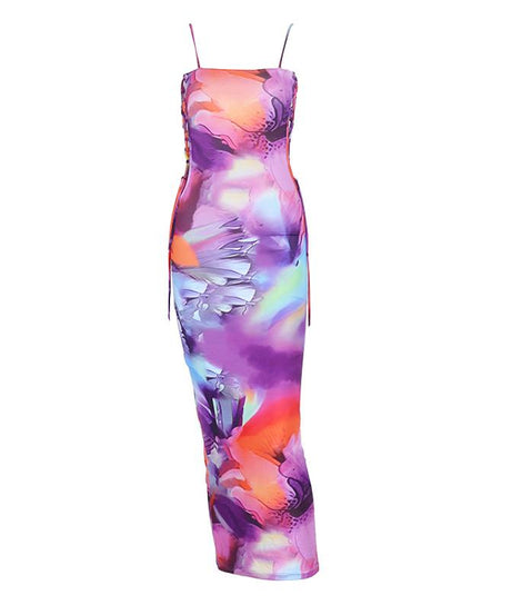 Vibrant Abstract Floral Tie-Side Midi Dress | Chic Backless Bodycon for Fall Events