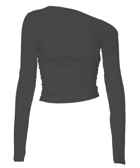 Chic Fall Nights: Asymmetrical Ruched Off-Shoulder Top – Your Essential Black Long Sleeve