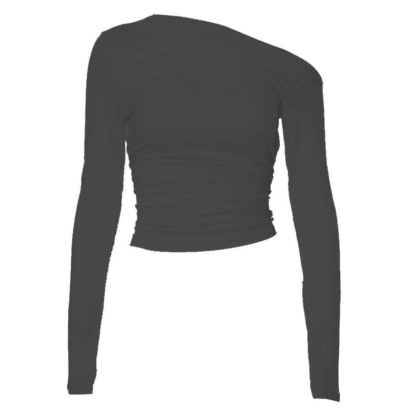 Chic Fall Nights: Asymmetrical Ruched Off-Shoulder Top – Your Essential Black Long Sleeve