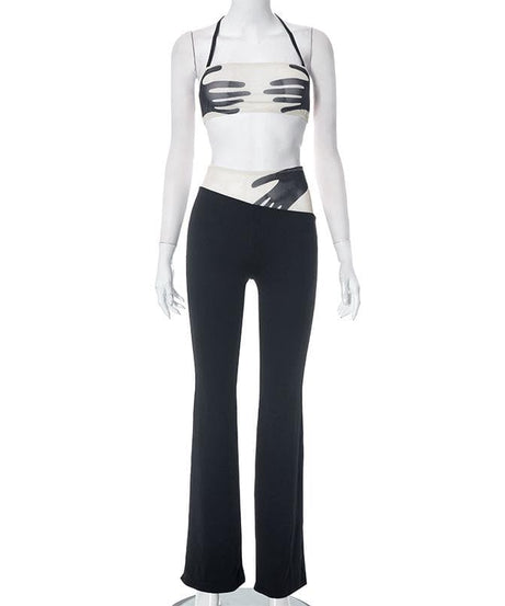 Spooky Chic Statement: Y2K 'Hands On Me' Halter Crop Top & Flare Pant Set - Fall Festival Ready!