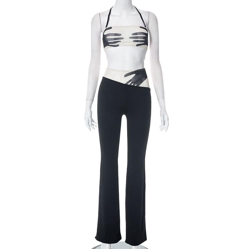 Spooky Chic Statement: Y2K 'Hands On Me' Halter Crop Top & Flare Pant Set - Fall Festival Ready!