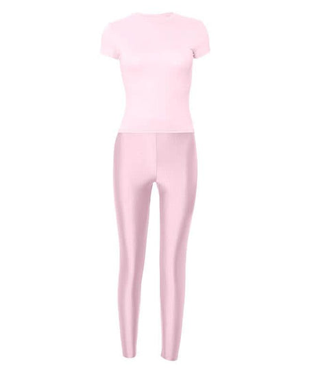 Effortless Fall Chic: Sky Blue Shimmer High-Rise Legging & Short Sleeve Top Athleisure Set
