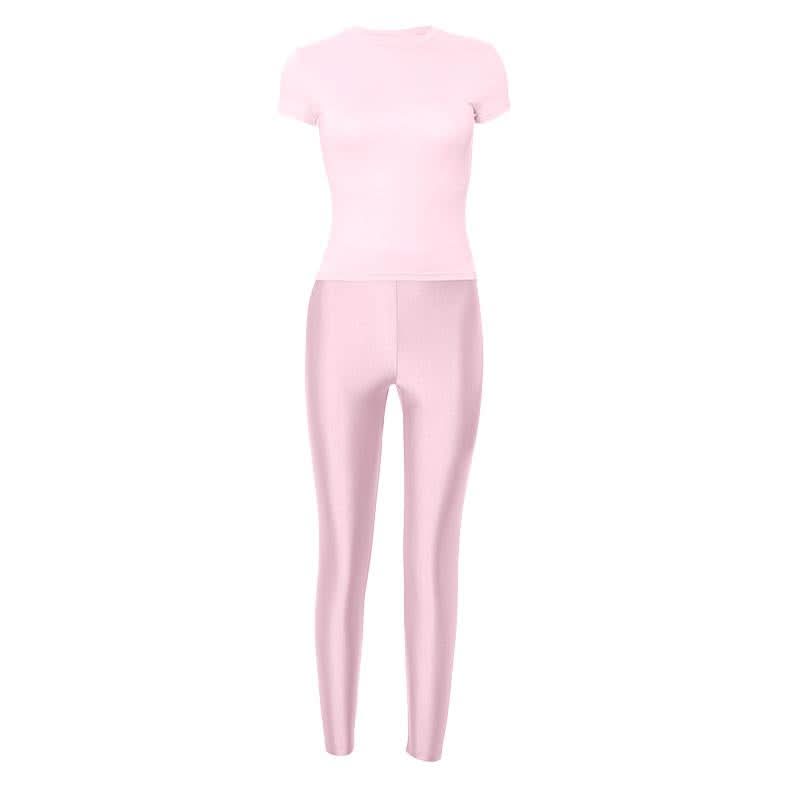 Effortless Fall Chic: Sky Blue Shimmer High-Rise Legging & Short Sleeve Top Athleisure Set