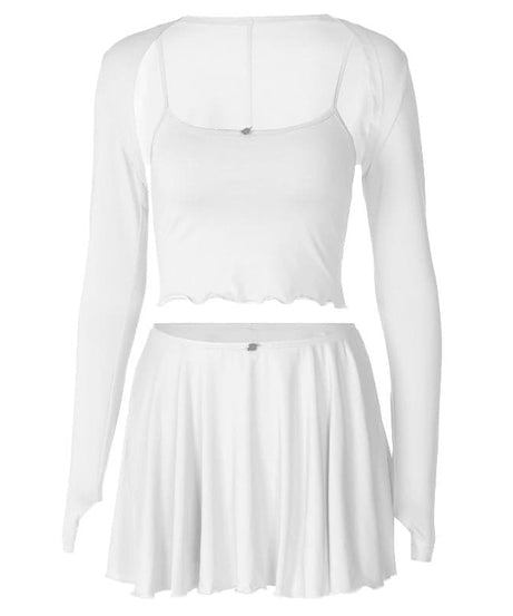 Lavender Dreamland: Chic 3-Piece Scalloped Crop Top, Flowy Mini Skirt & Long Sleeve Bolero Set – Your Fall Style Essential
