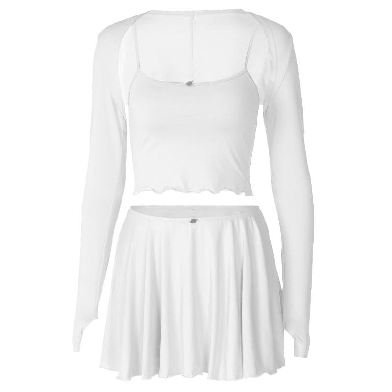 Lavender Dreamland: Chic 3-Piece Scalloped Crop Top, Flowy Mini Skirt & Long Sleeve Bolero Set – Your Fall Style Essential