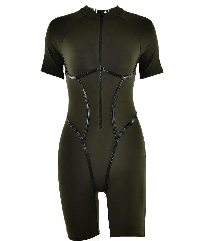 Sleek & Sculpted: High-Neck Zip-Up Contour Romper – Your Essential Fall & Halloween Statement