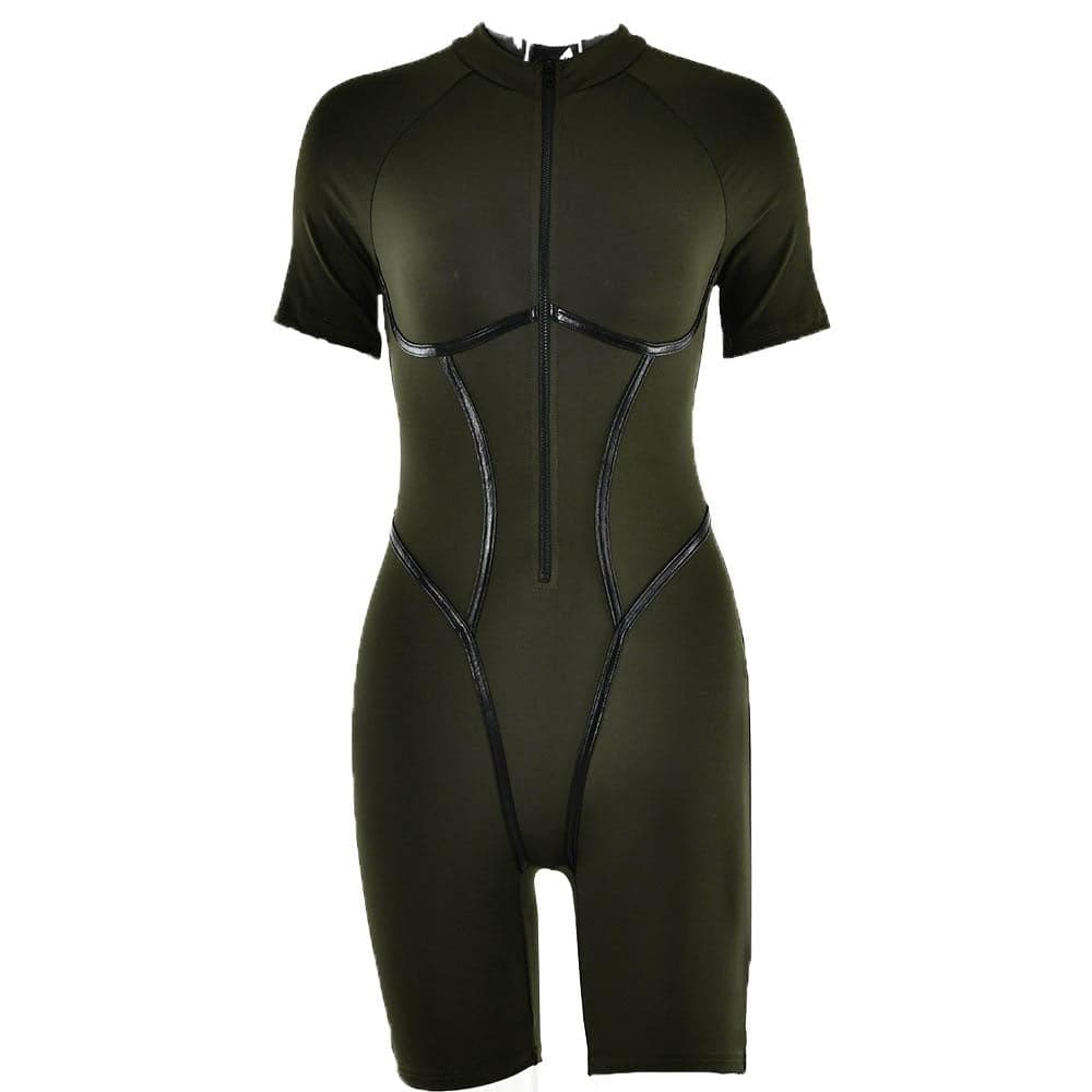 Sleek & Sculpted: High-Neck Zip-Up Contour Romper – Your Essential Fall & Halloween Statement
