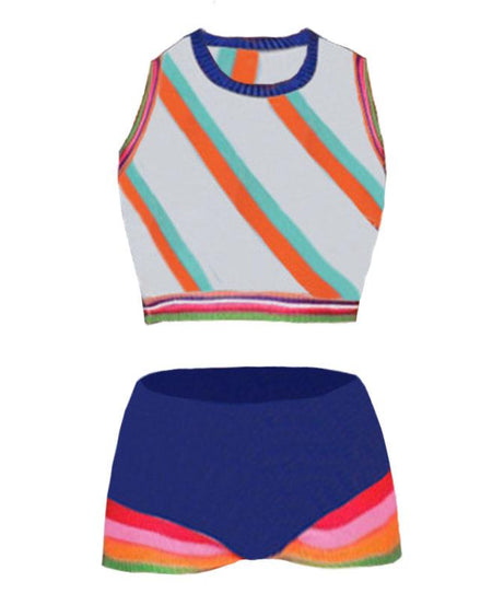 Groovy Getaway Knit Set: Vibrant Checkerboard Crop Top & Striped Shorts