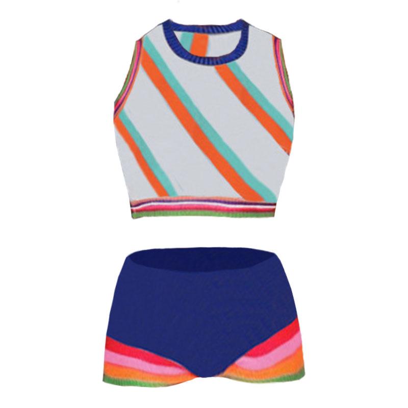 Groovy Getaway Knit Set: Vibrant Checkerboard Crop Top & Striped Shorts