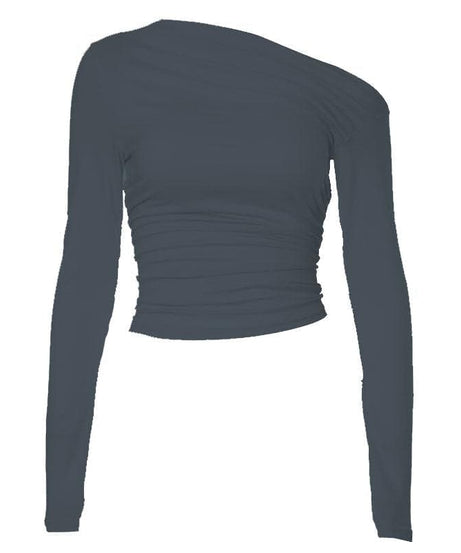 Chic Fall Nights: Asymmetrical Ruched Off-Shoulder Top – Your Essential Black Long Sleeve