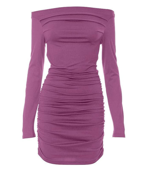 Fall Party Ready: Ruched Off-Shoulder Long Sleeve Bodycon Mini Dress - Charcoal Chic