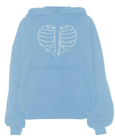 Spooky Chic Rhinestone Rib Cage Heart Hoodie - Cozy Oversized Fall & Halloween Fashion