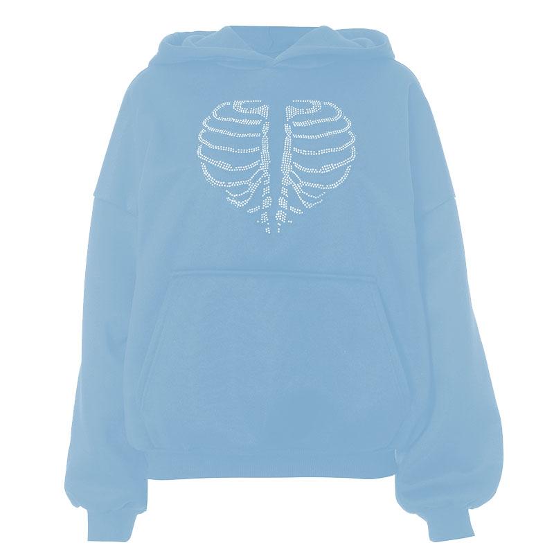 Spooky Chic Rhinestone Rib Cage Heart Hoodie - Cozy Oversized Fall & Halloween Fashion