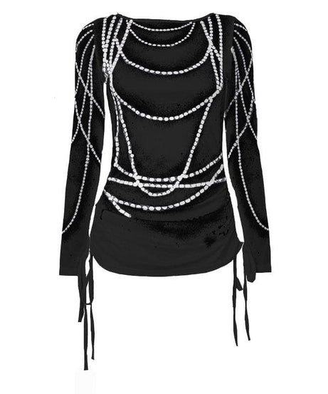 Dazzling Pearl Illusion Mesh Long Sleeve Top - Chic Drawstring Style for Fall & Holiday